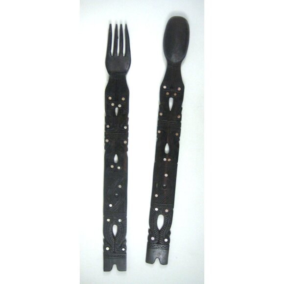 Carved Wooden Fork Spoon Salad Serving Set Tribal Home Kitchen Decor Inlay - Picture 1 of 12